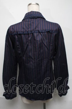 画像2: axes femme / リボンタイ付きレジメンブラウス  紺ｘワイン S-25-06-06-033-AX-TO-HR-ZS