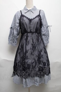 画像1: axes femme / レースキャミ付きシャツワンピース  紺ｘ白 S-25-06-11-049-AX-OP-AS-ZS