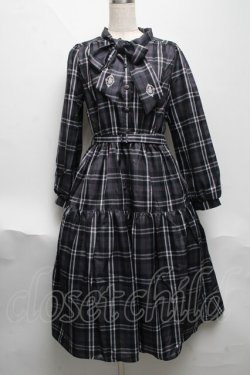 画像1: axes femme / バラ刺繍ボウタイチェックワンピース  グレー S-25-06-11-052-AX-OP-AS-ZS