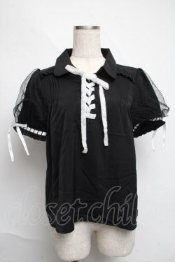 画像1: axes femme POETIQUE / ベルベットリボン半袖ブラウス  黒 S-25-06-11-036-AX-BL-AS-ZS