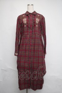 axes femme / 刺繍チェックシャツワンピース  ワイン S-25-06-12-046-AX-OP-HR-ZI