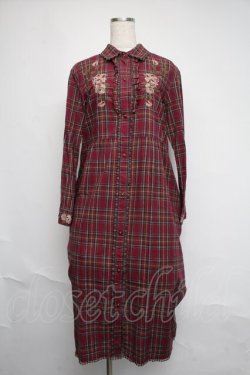 画像1: axes femme / 刺繍チェックシャツワンピース  ワイン S-25-06-12-046-AX-OP-HR-ZS