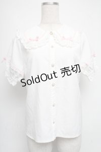 axes femme kawaii / 梯子レース半袖ブラウス  白ｘピンク S-25-06-17-018-AX-BL-HR-ZS