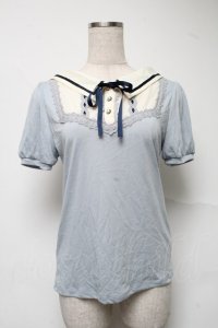 axes femme POETIQUE / 襟デザイン半袖カットソー  サックス S-25-07-01-007-AX-TO-HR-ZS
