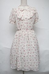 Honey Cinnamon / ブーケ柄シフォン半袖ワンピース  白ｘピンク S-25-07-05-033-LO-OP-HR-ZS