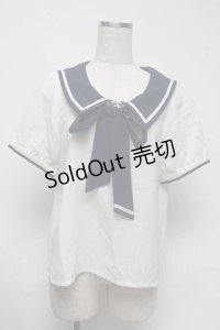Amavel / リボンタイ付き半袖ブラウス  白ｘ紺 S-25-07-13-028-CA-BL-HR-ZS