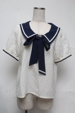 画像1: Amavel / リボンタイ付き半袖ブラウス  白ｘ紺 S-25-07-13-028-CA-BL-HR-ZS