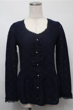 画像1: axes femme / バックリボンカットワークレーストップス  紺 S-25-07-14-043-AX-TO-HR-ZS