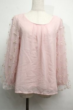 画像1: axes femme / 袖チュール刺繍シフォントップス  ピンク S-25-07-26-013-AX-TO-HR-ZS