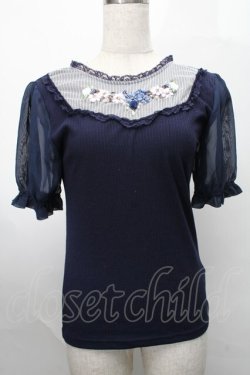 画像1: axes femme POETIQUE / ブーケリボン刺繍リブプルオーバー  紺 S-25-07-31-022-AX-TO-AS-ZS
