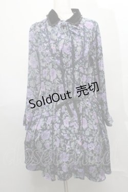 画像1: axes femme / ベロア襟花柄ワンピース  黒x紫 S-25-08-01-040-AX-OP-HR-ZI