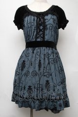 axes femme / ベロア切替フロッキーワンピース  黒ｘグリーン S-25-08-05-042-AX-OP-HR-ZS