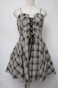 NieR Clothing / レースアップチェックキャミワンピース  ベージュｘ黒 S-25-08-16-060-PU-OP-HR-ZS