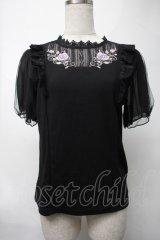 axes femme / バラ刺繍チュール袖プルオーバー  黒 S-25-08-17-023-AX-TO-HR-ZS