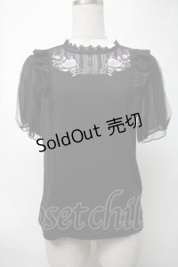 axes femme / バラ刺繍チュール袖プルオーバー  黒 S-25-08-17-023-AX-TO-HR-ZS