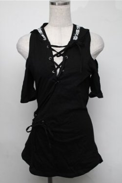 画像1: NieR Clothing / レースアップフード付きプルオーバー  黒 S-25-08-18-029-PU-TO-HR-ZS
