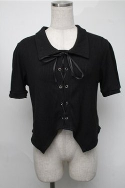 画像1: NieR Clothing / 編み上げリブトップス  黒 S-25-08-18-030-PU-TO-HR-ZS