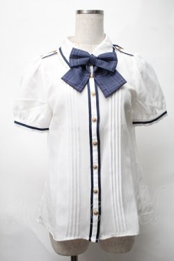 画像1: Amavel / Romantique Emblemチェックリボン&ネクタイブラウス  白ｘ青 S-25-08-21-1010-CA-BL-HR-ZS