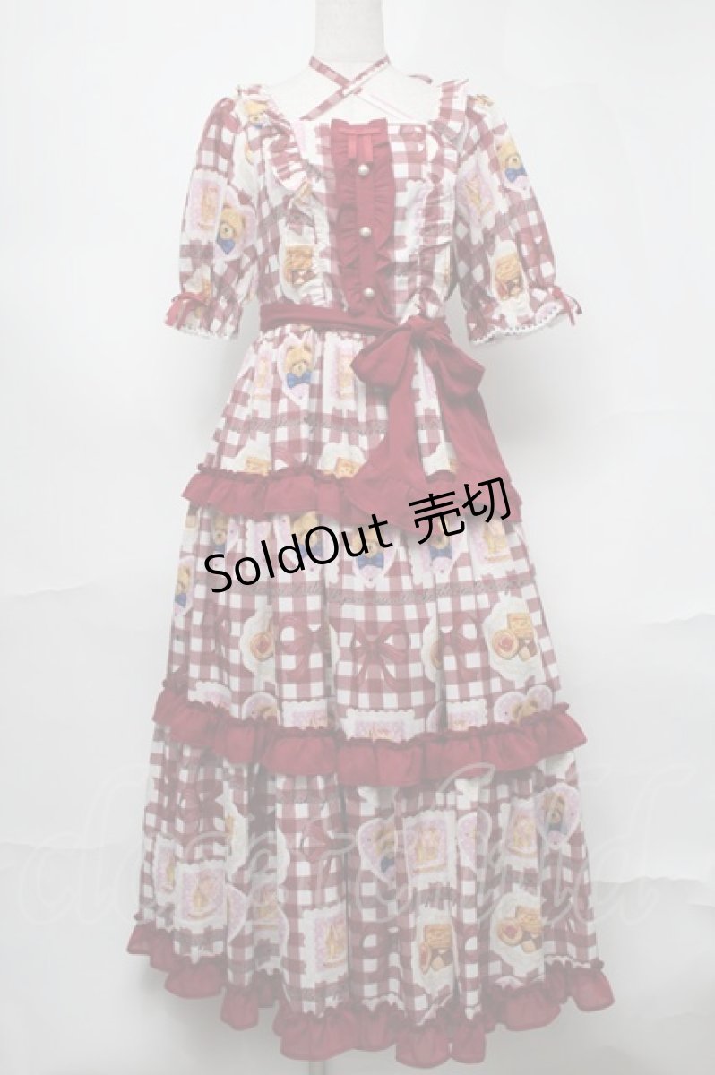 画像1: axes femme Kawaii / ベアズベーカリー柄ロングワンピース  ワイン S-25-08-21-1023-AX-OP-HR-ZH (1)
