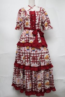 画像1: axes femme kawaii / ベアズベーカリー柄ロングワンピース  ワイン S-25-08-21-1023-AX-OP-HR-ZS
