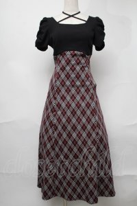 evelyn / ドッキングチェックワンピース  黒ｘワイン S-25-08-21-1026-LO-SK-HR-ZS