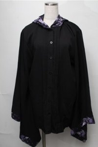 NieR Clothing / フード付き着物袖風シャツ  黒ｘ紫 S-25-08-22-1013-PU-BL-HR-ZS