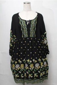 Jane Marple Dans Le Salon /フラワー刺繍チュニックワンピース  黒 S-25-08-22-1031-JM-OP-AS-ZS