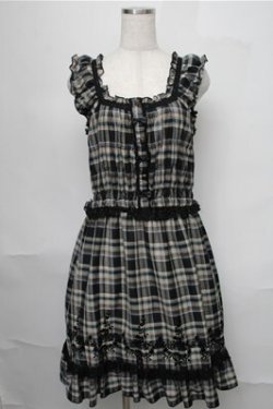 画像1: axes femme / チェックフロッキーワンピース  黒ｘグリーンｘオフ S-25-08-25-049-AX-OP-HR-ZS