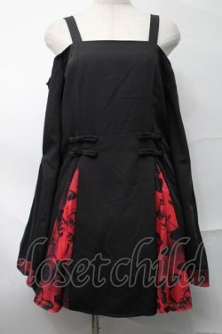 画像1: NieR Clothing / チャイナ服風オフショルワンピース  黒ｘ赤 S-25-08-28-050-PU-OP-HR-ZS