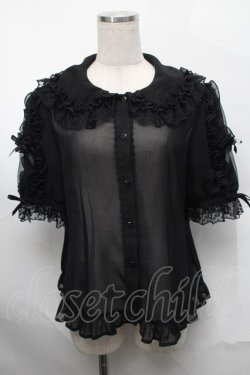 画像1: Angelic Pretty / 襟ロゴ刺繍袖フリルブラウス  黒 S-25-08-29-043-AP-BL-HR-ZS