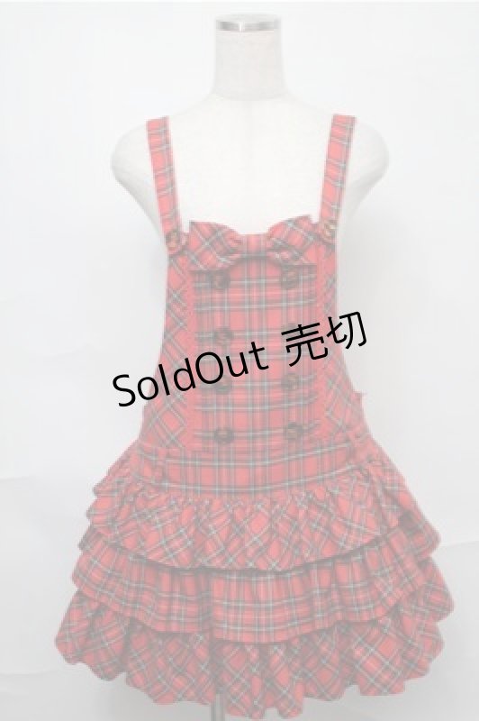 画像1: Angelic Pretty / スクールタータン3段フリルサロペット  赤 S-25-09-03-060-AP-OP-AS-ZS (1)