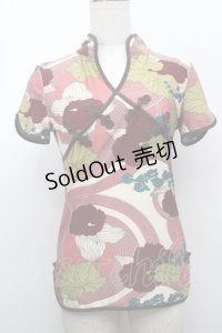 Ozz On / チャイナデザインカットソー  ピンクｘグリーン S-25-09-05-006-OO-BL-HR-ZS