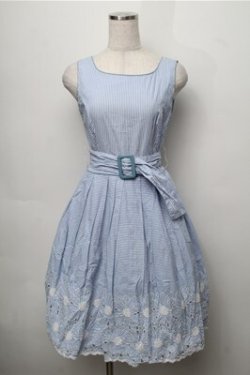 画像1: Emily Temple cute /裾マーガレット刺繍ボーダーワンピース  サックス S-25-09-06-045-ET-OP-ET-ZS