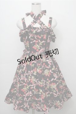 画像1: BABY,THE STARS SHINE BRIGHT / いちごとさくらんぼフリルジャンパースカート  黒 S-25-09-06-050-BA-OP-HR-ZT490