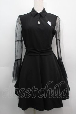 画像1: NieR Clothing / 刺繍チュール袖ワンピース  黒 S-25-09-11-044-PU-OP-HR-ZS