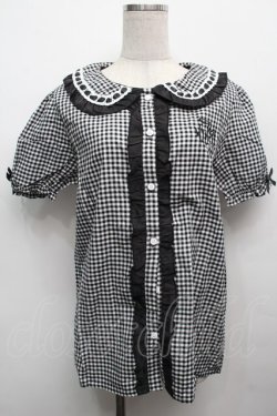 画像1: NieR Clothing / ギンガムチェックフリル襟ブラウス  黒ｘ白 S-25-09-13-021-PU-BL-HR-ZS