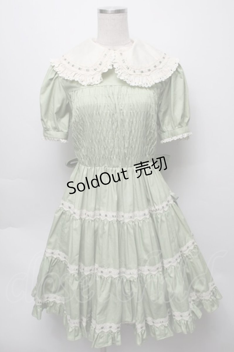 画像1: metamorphose / フロントシャーリング半袖ワンピース（バーバリー）  グリーン S-25-09-16-033-ME-OP-HR-ZS (1)