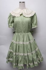 画像1: metamorphose / フロントシャーリング半袖ワンピース（バーバリー）  グリーン S-25-09-16-033-ME-OP-HR-ZS (1)