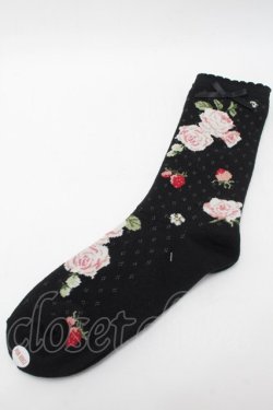 画像1: PINK HOUSE / Berry Rose柄ソックス  黒 S-25-09-23-1041-LO-ZA-HR-ZS