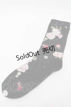 画像1: PINK HOUSE / Berry Rose柄ソックス  黒 S-25-09-23-1041-LO-ZA-HR-ZS