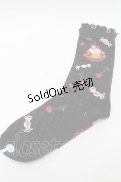 画像1: PINK HOUSE / ピンクハウスパーラー柄ソックス  黒 S-25-09-23-1045-LO-ZA-HR-ZS