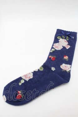 画像1: PINK HOUSE / Berry Rose柄ソックス  ネイビー S-25-09-23-1026-LO-ZA-HR-ZS