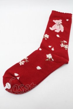画像1: PINK HOUSE / 桜Teddyソックス  赤 S-25-09-23-1028-LO-ZA-HR-ZS