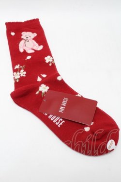 画像2: PINK HOUSE / 桜Teddyソックス  赤 S-25-09-23-1028-LO-ZA-HR-ZS