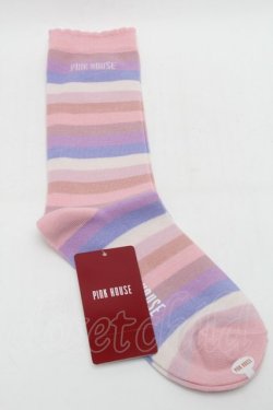 画像1: PINK HOUSE / ロゴ入りミックスボーダーソックス  ピンク S-25-09-29-005-LO-ZA-HR-ZS