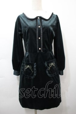 画像1: axes femme POETIQUE / ポケット刺繍ベロアワンピース  グリーン S-25-10-12-044-AX-OP-HR-ZS