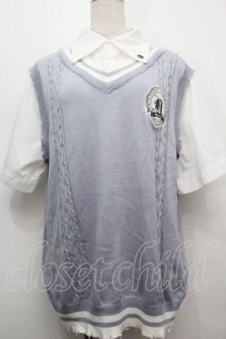 画像1: NOEMIE / チェック付きベストレイヤード風ユユニセックスニット  白ｘサックス S-25-10-14-010-LO-BL-HR-ZS
