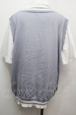 画像2: NOEMIE / チェック付きベストレイヤード風ユユニセックスニット  白ｘサックス S-25-10-14-010-LO-BL-HR-ZS