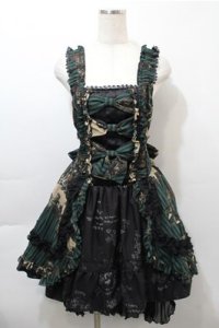 FRILL / アンティークテディベア柄ジャンパースカート  黒ｘグリーン S-25-10-17-056-HN-SK-HR-ZS