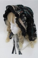 FRILL / アンティークテディベア柄うさ耳ボンネット  黒ｘｘグリーン S-25-10-17-025-HN-SK-HR-ZS